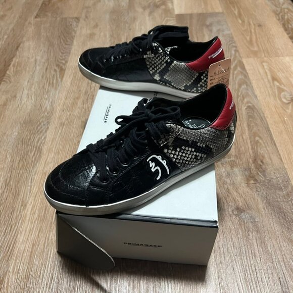 Primabase Sneakers Black Textured Leather Snake Print Red Heel - Picture 10 of 13